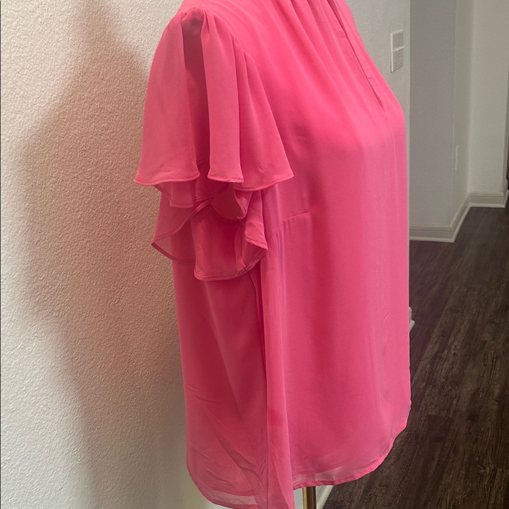 1. State Hot Pink Mock Neck Keyhole Ruffle Sleeve Blouse - Picture 6 of 12